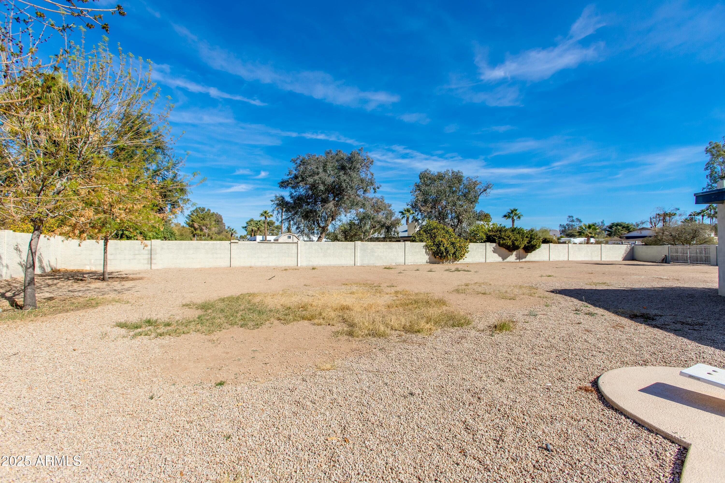 Gravel backyard enclosed by a block wall, with mature trees and a curved concrete patio.