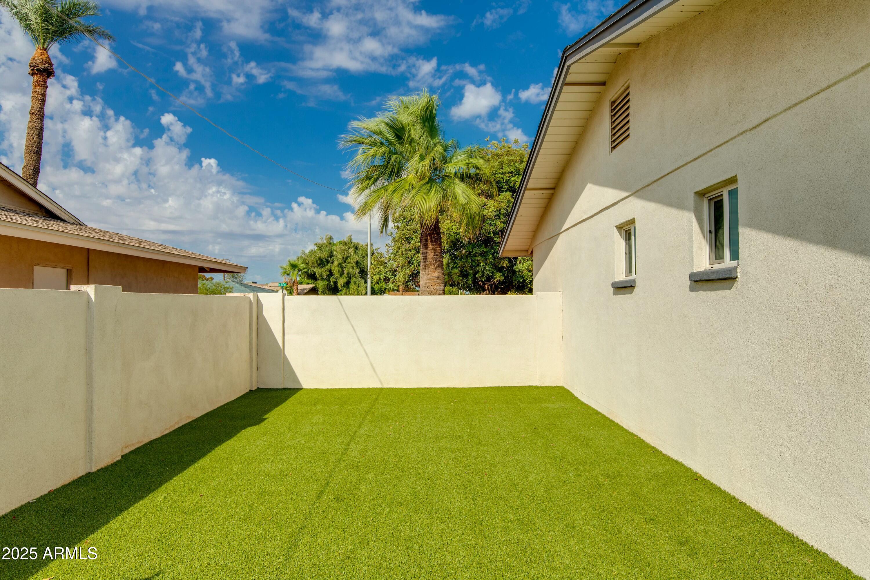 Enclosed side yard with green turf, cream stucco walls, and palm trees beyond the wall.
