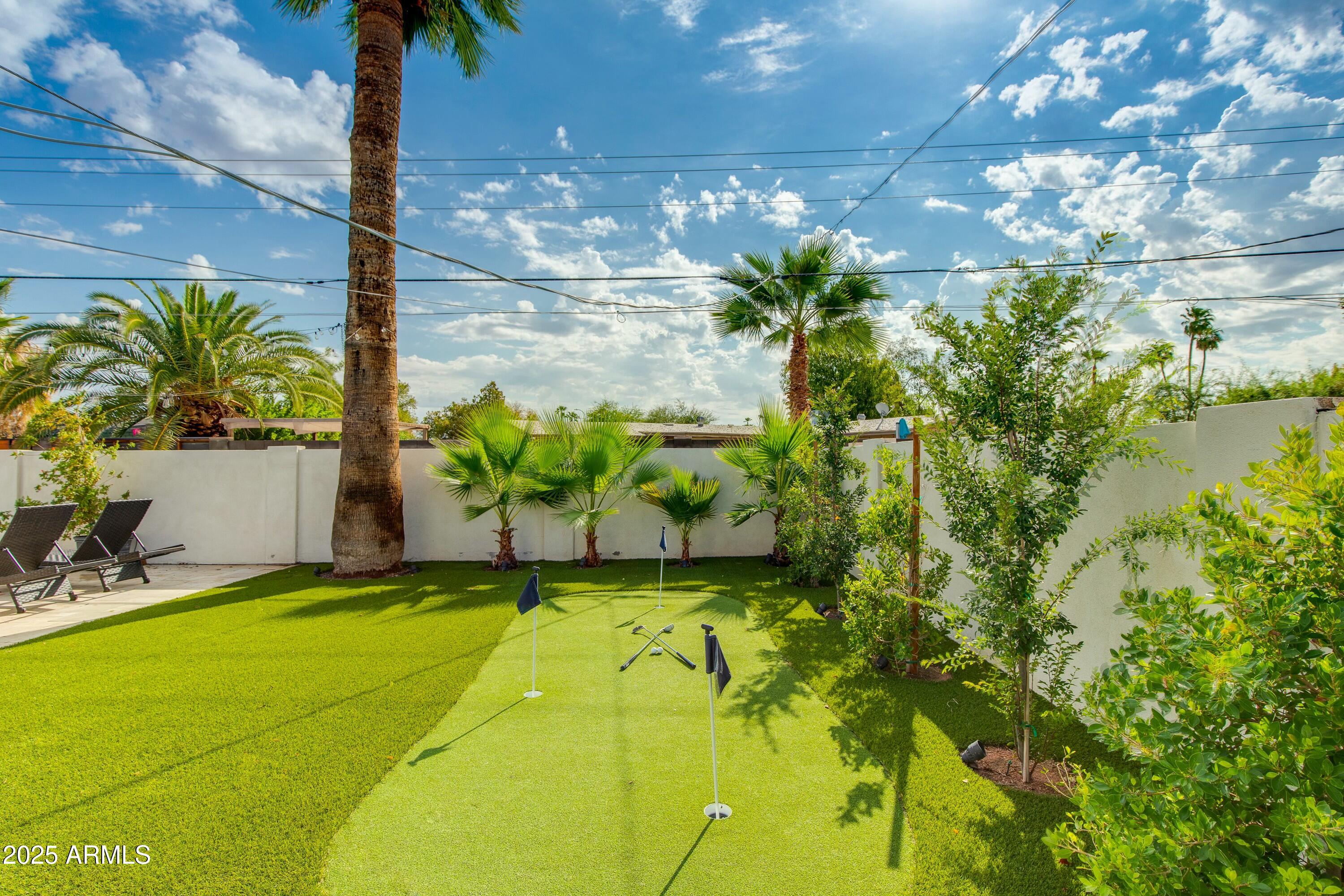 Backyard putting green with golf flags and clubs, palm trees, and lounge chairs.