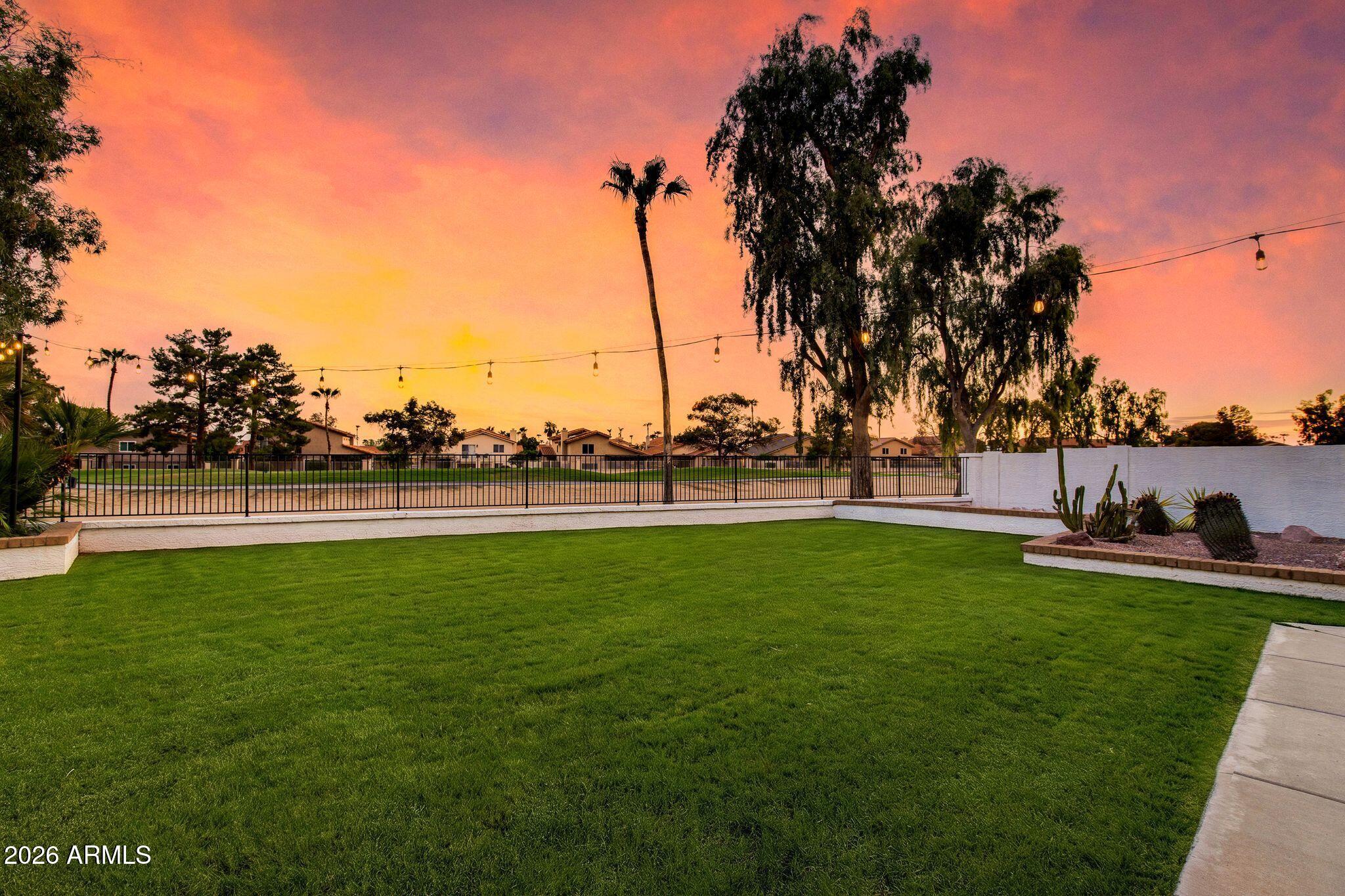 Backyard with a broad green lawn, cactus garden, and string lights beneath a vivid sunset sky.