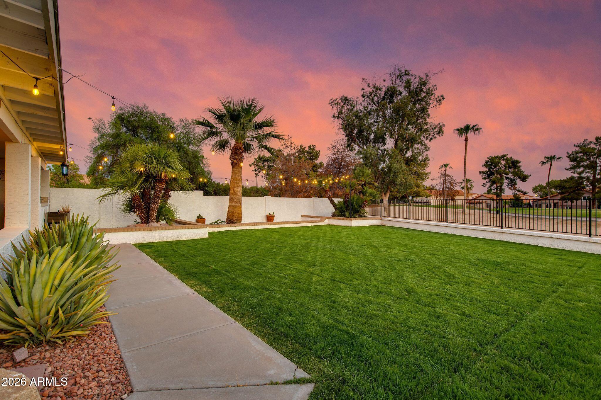 Backyard with a broad green lawn, palm trees, string lights, and a metal fence at dusk.