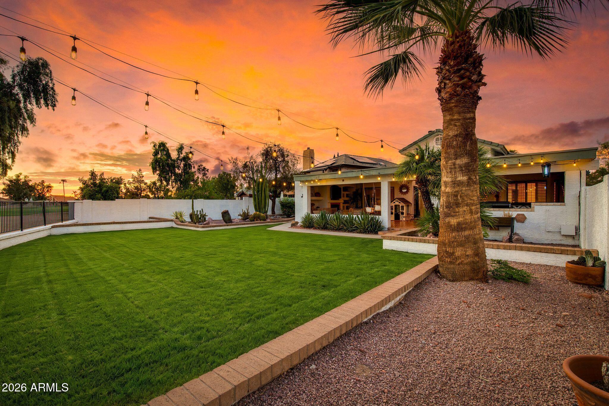 Backyard with a broad green lawn, covered patio, palm tree, and string lights at sunset.
