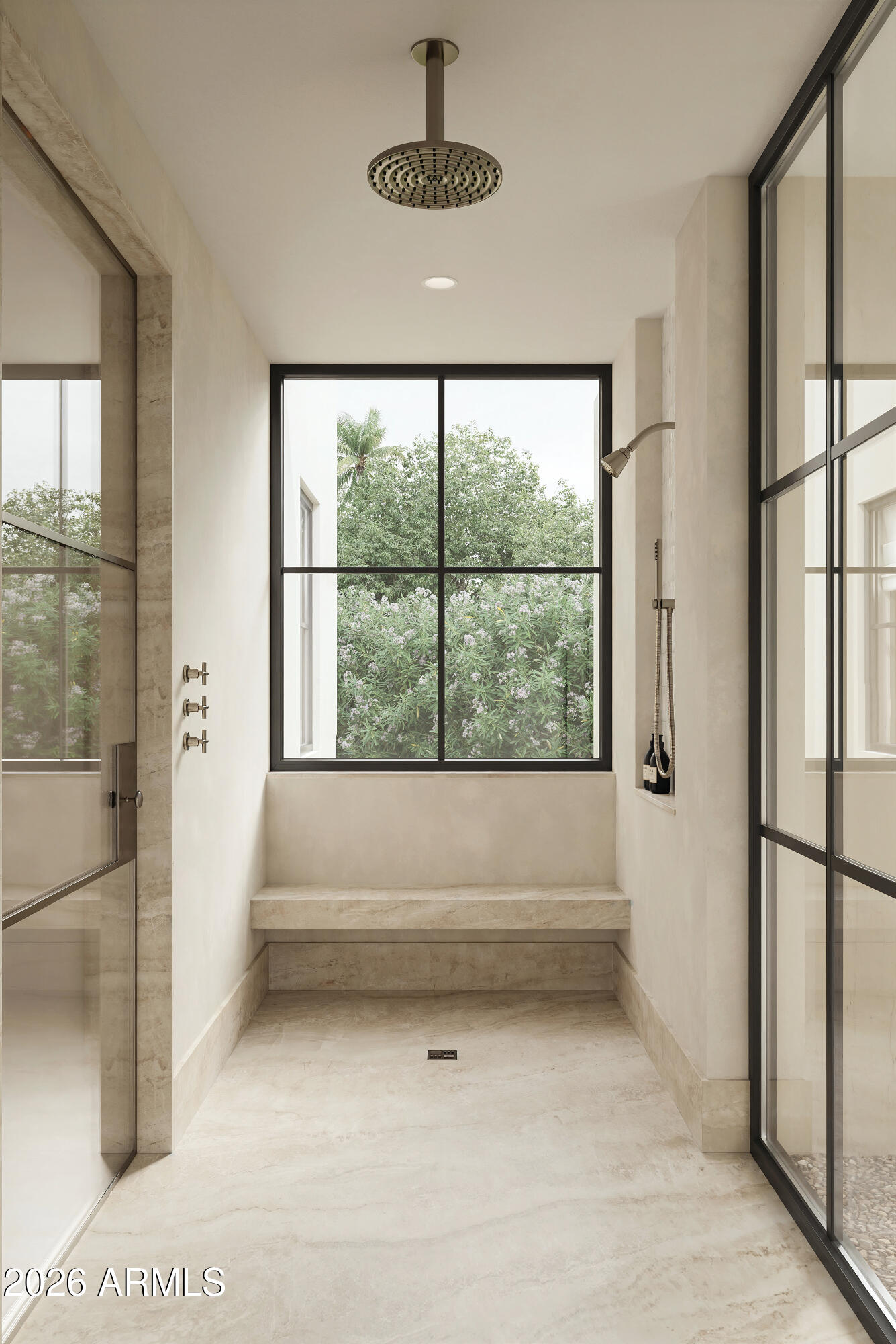 Walk-in shower with a ceiling rainfall showerhead, black-framed glass, and a large garden-view window.