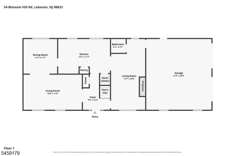First-floor plan showing two living rooms, kitchen, dining room, bathroom, foyer, stairs, and attached garage.