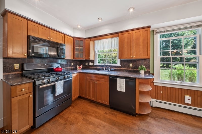 Kitchen with warm wood cabinetry, dark countertops, stainless steel appliances, and windows overlooking a green yard.