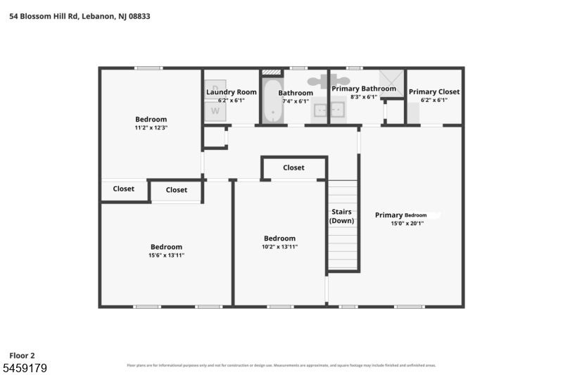 Second-floor plan showing four bedrooms, laundry room, bathrooms, closets, and stairs.