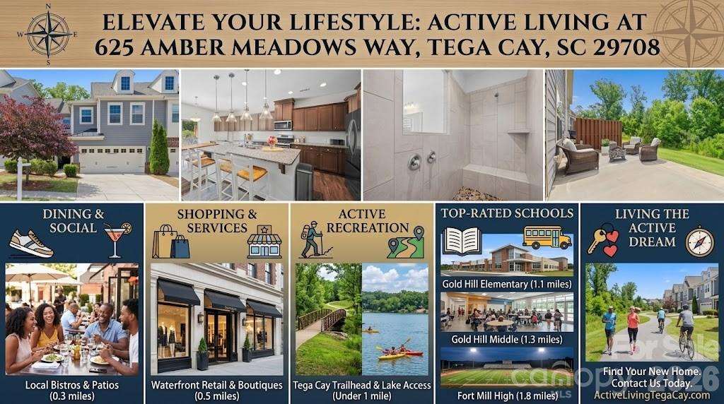 Tega Cay home and neighborhood infographic featuring a kitchen, patio, lake access, local shops, and schools.