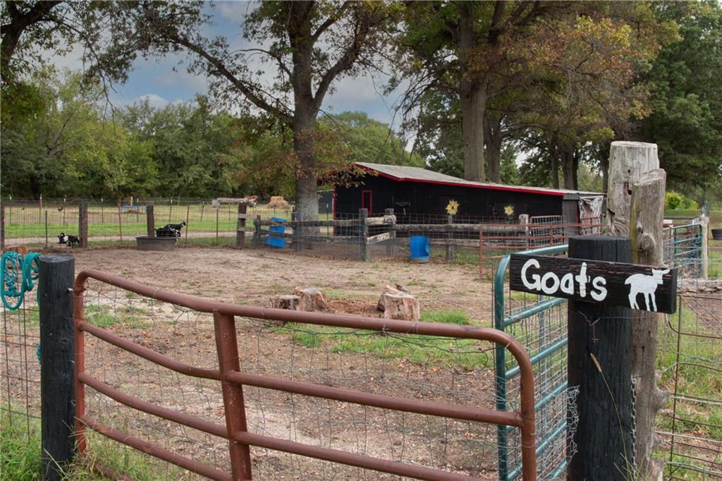 Goat enclosure with a black barn, metal gates, and a wooden “Goat's” sign.