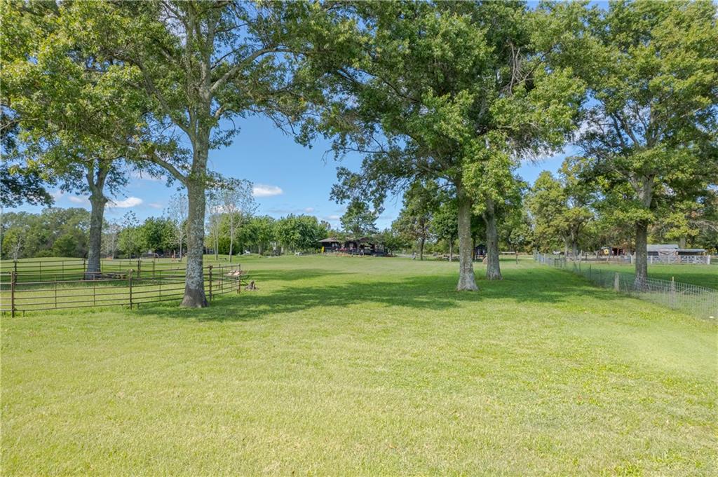 Grassy property yard shaded by mature trees, with fencing and outbuildings in the distance.