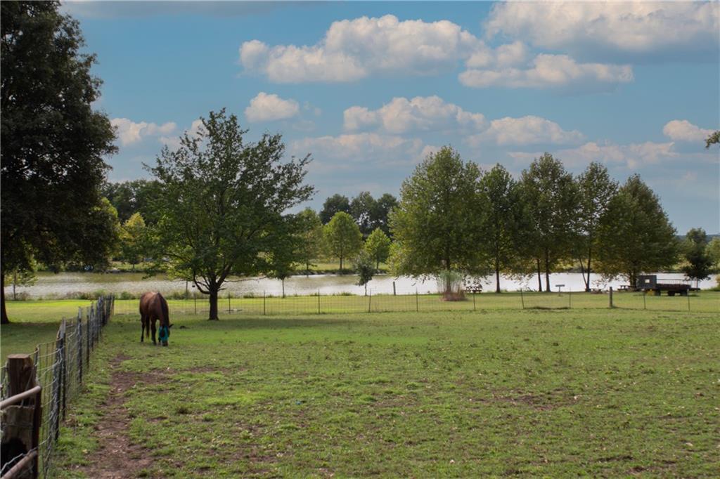Fenced grassy pasture with a grazing horse, pond, and mature trees.