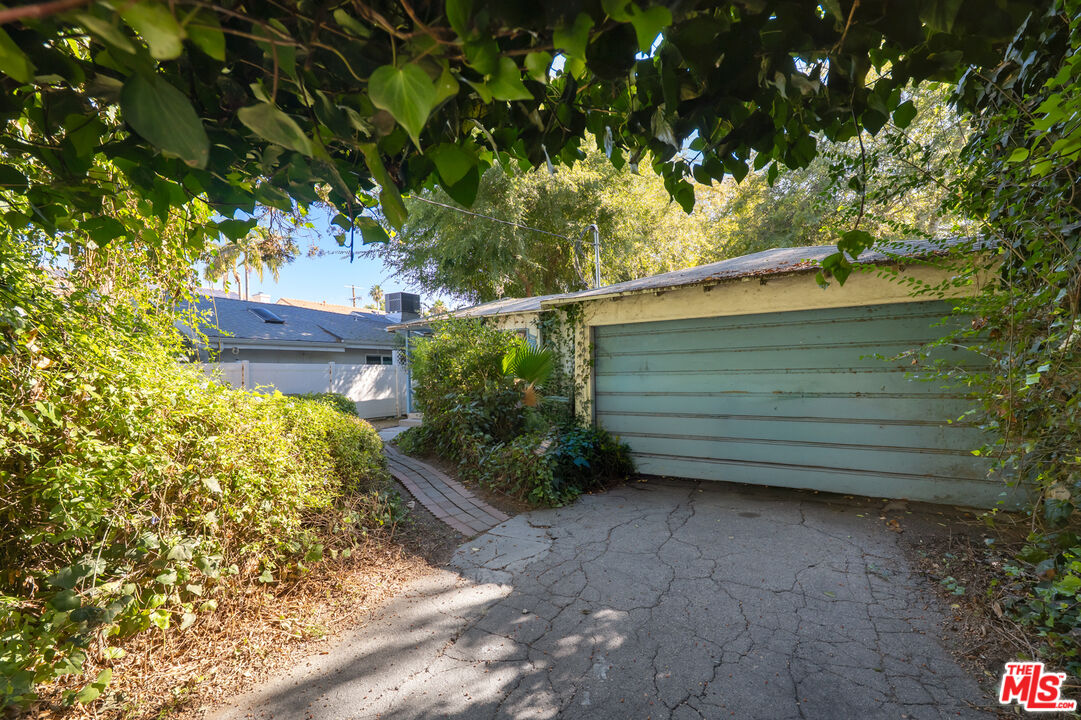 Pale green garage and cracked driveway framed by dense trees and shrubs.