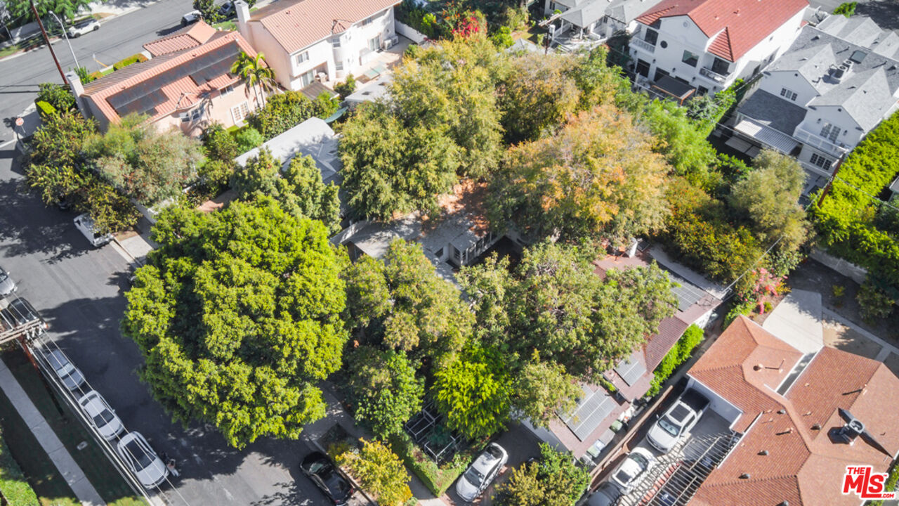 Aerial view of a tree-covered home surrounded by neighboring houses and parked cars.