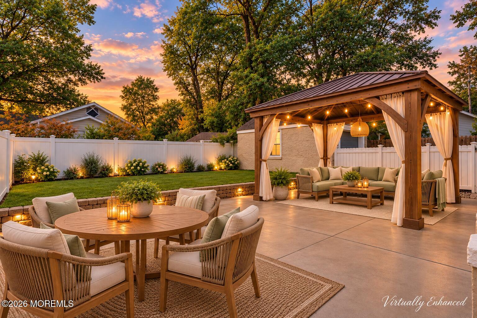 Backyard patio with a curtained wooden pergola, lounge seating, and dining area at dusk.