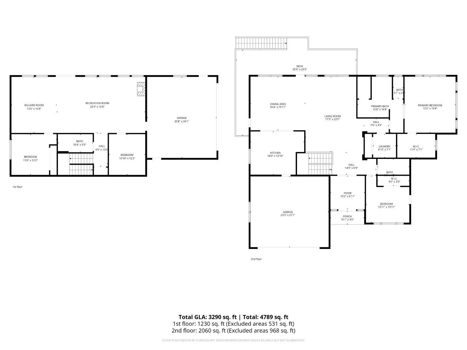 Two-level floor plan showing bedrooms, living areas, garage, deck, and porch.