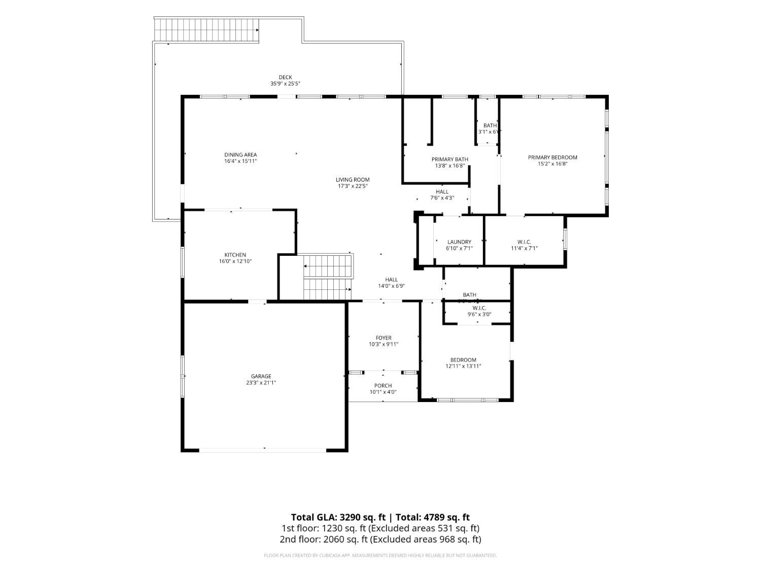 Floor plan showing the home's rooms, garage, porch, and deck, with room dimensions and square-footage totals.