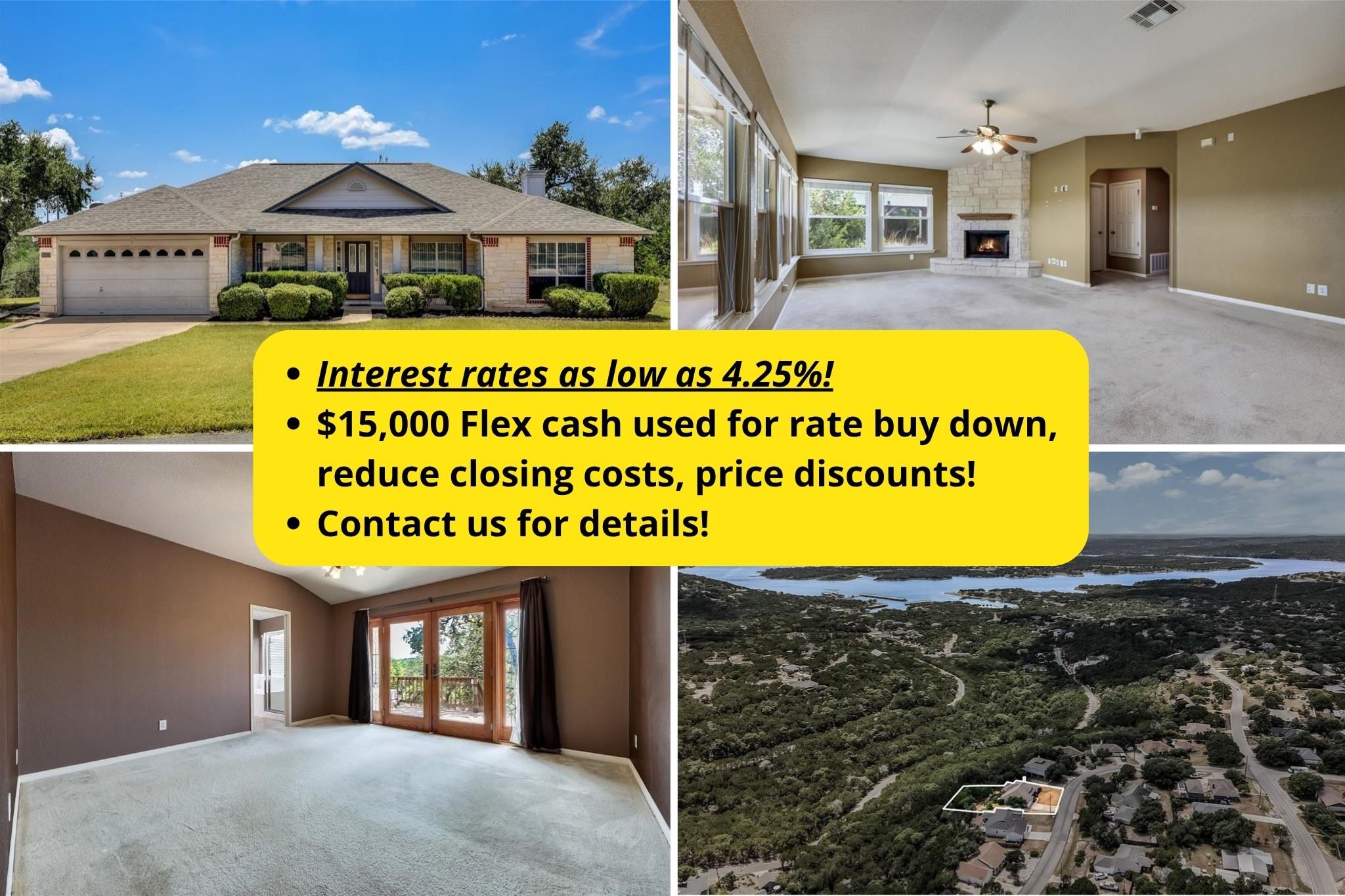 Home promotion advertising rates as low as 4.25% and $15,000 Flex cash, with exterior, interior, and aerial property views.