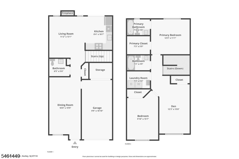 Two-story floor plan showing room layouts, dimensions, stairs, and garage.