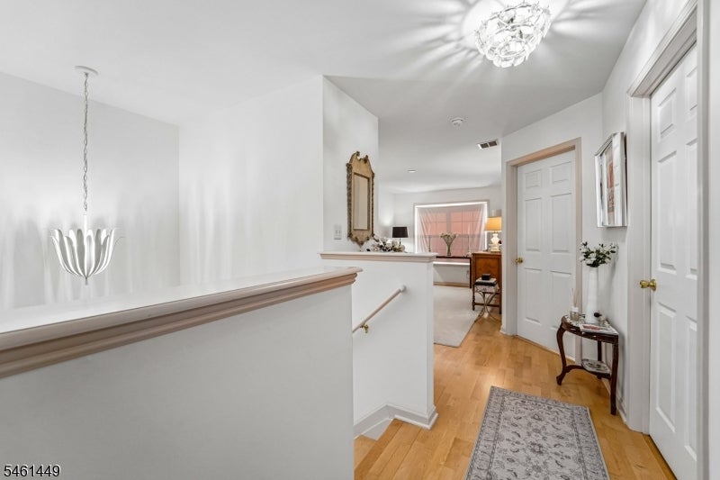 Bright entry hallway with hardwood floors, white paneled doors, and a patterned runner.