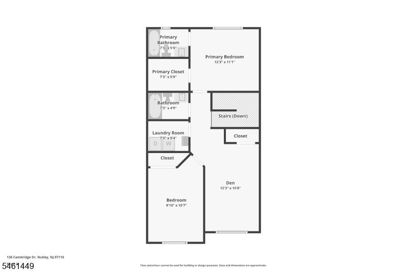 Floor plan showing a primary bedroom, second bedroom, den, two bathrooms, laundry room, and closets.