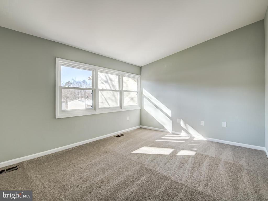 Empty carpeted bedroom with pale gray walls and wide windows casting bright sunlight across the floor.