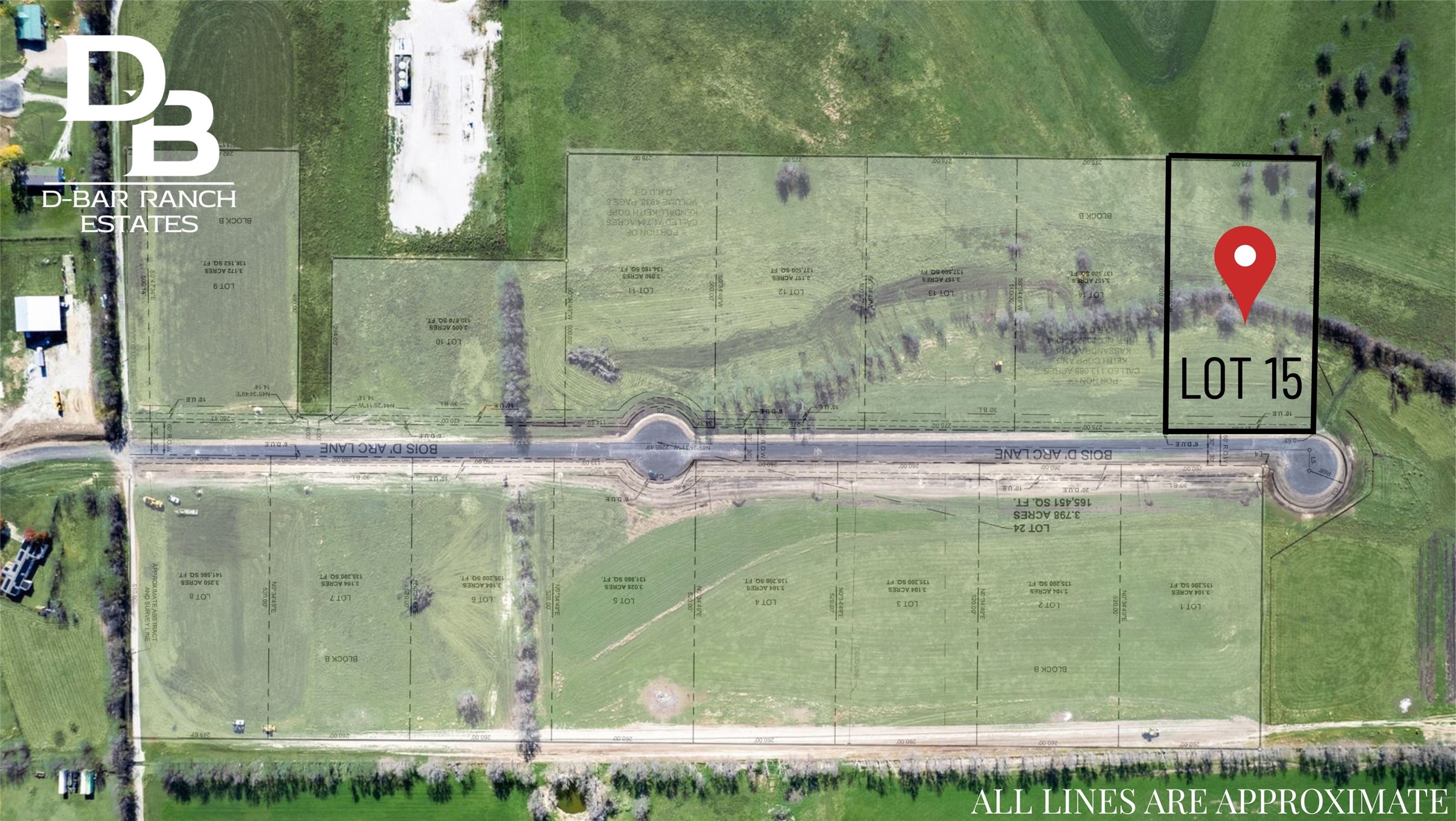D-Bar Ranch Estates lot map highlighting Lot 15 along Bois D’Arc Lane.