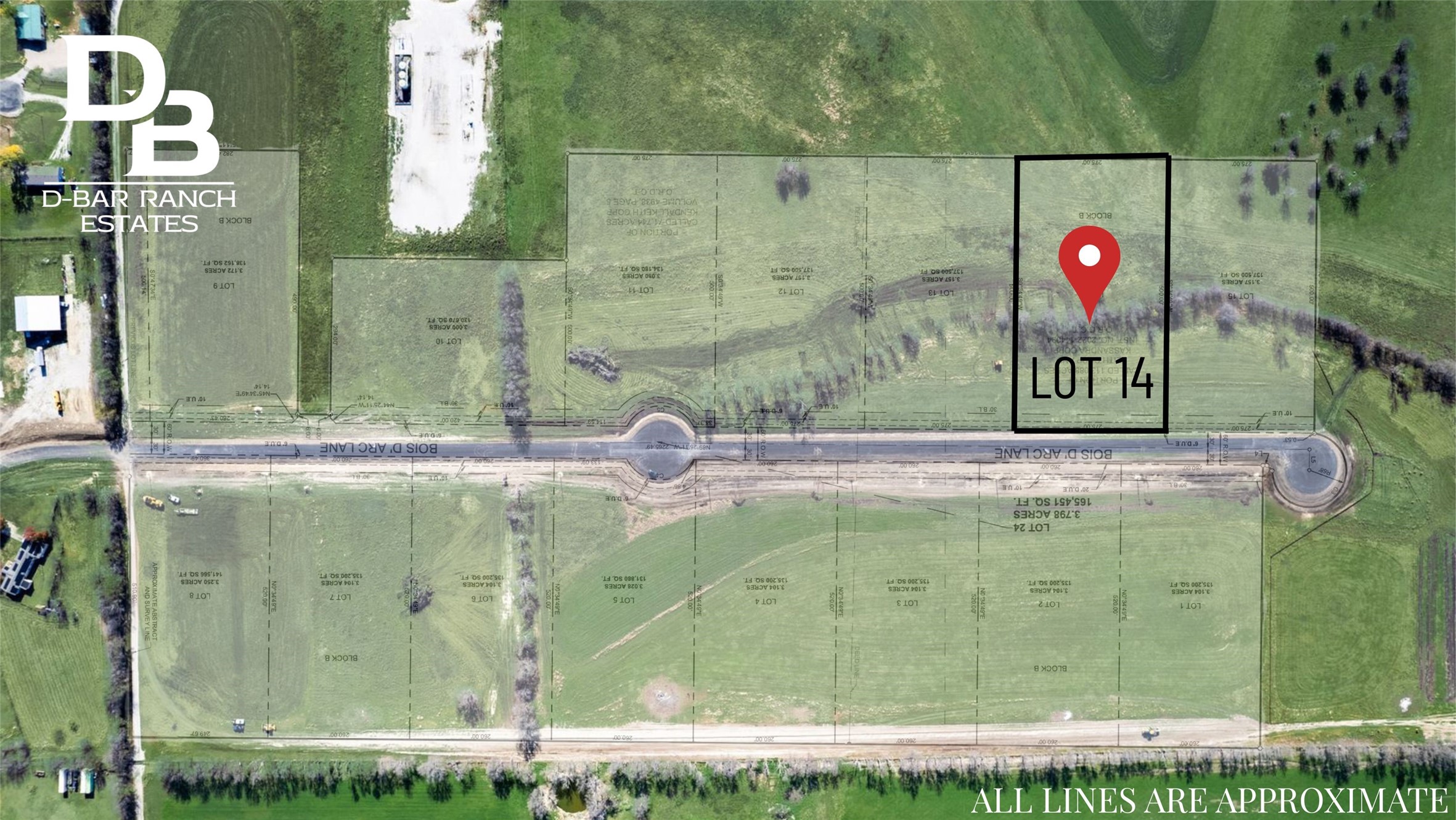 Aerial parcel map highlighting Lot 14 at D-Bar Ranch Estates with a red pin.