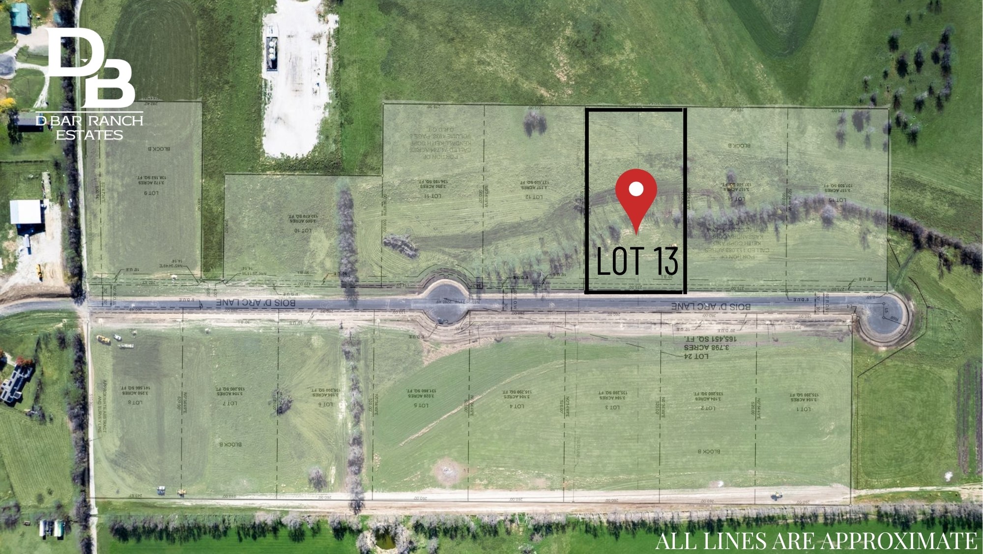 Aerial parcel map highlighting Lot 13 at D Bar Ranch Estates along Bois D'Arc Lane.