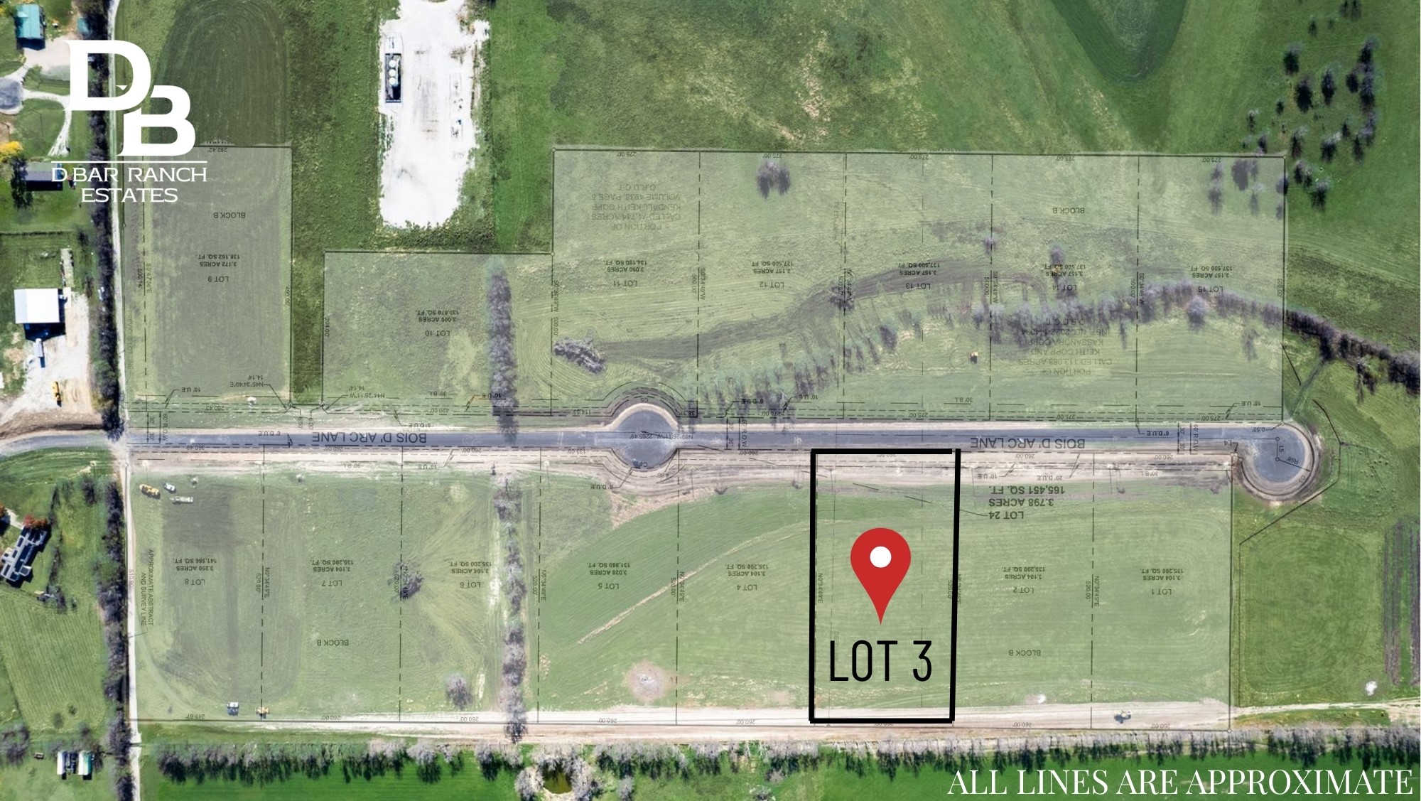 Aerial site plan marking Lot 3 at D Bar Ranch Estates along Bois D’Arc Lane.