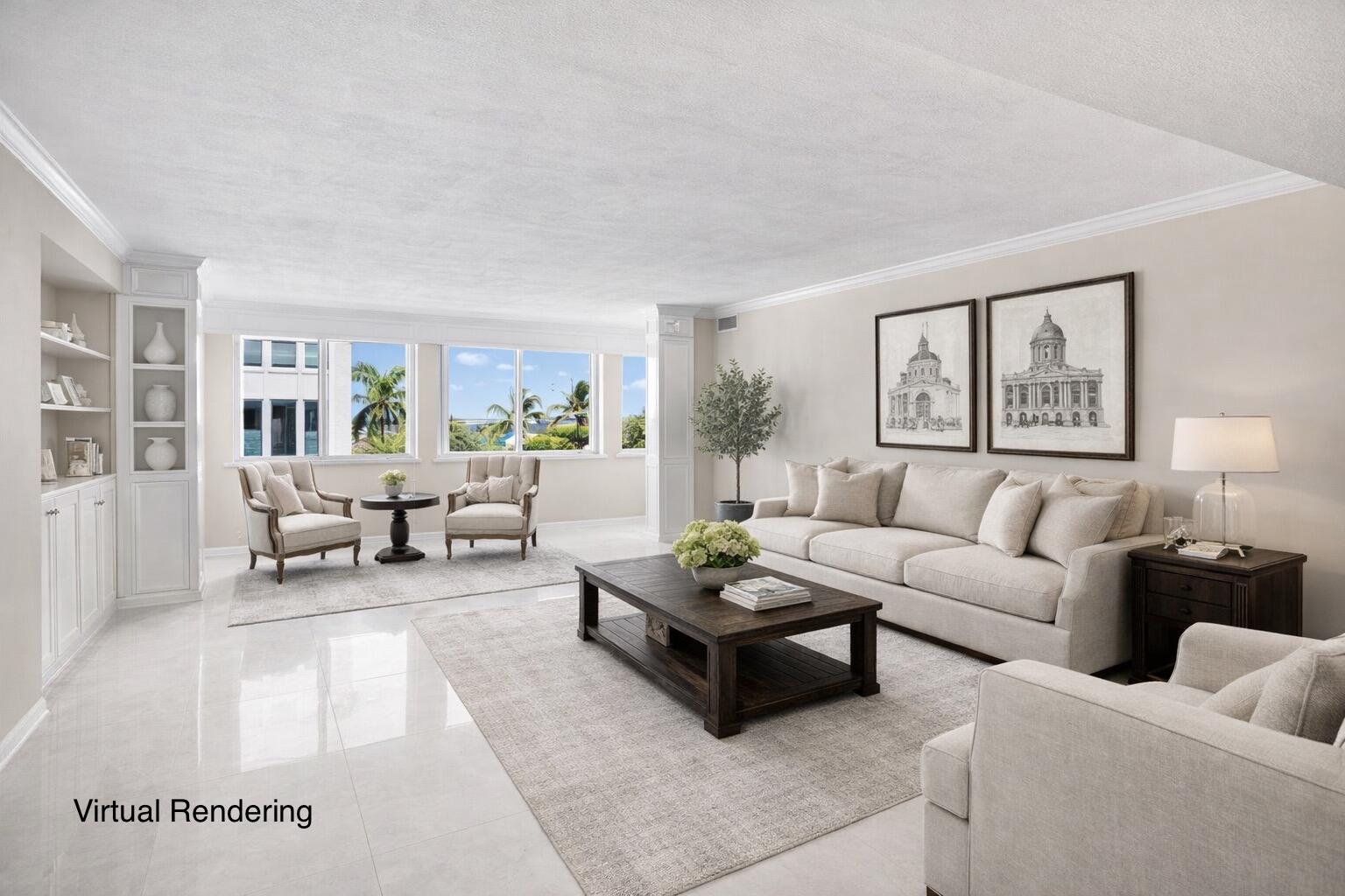 Virtual rendering of a bright living room with a pale sectional and wide windows overlooking palm trees.
