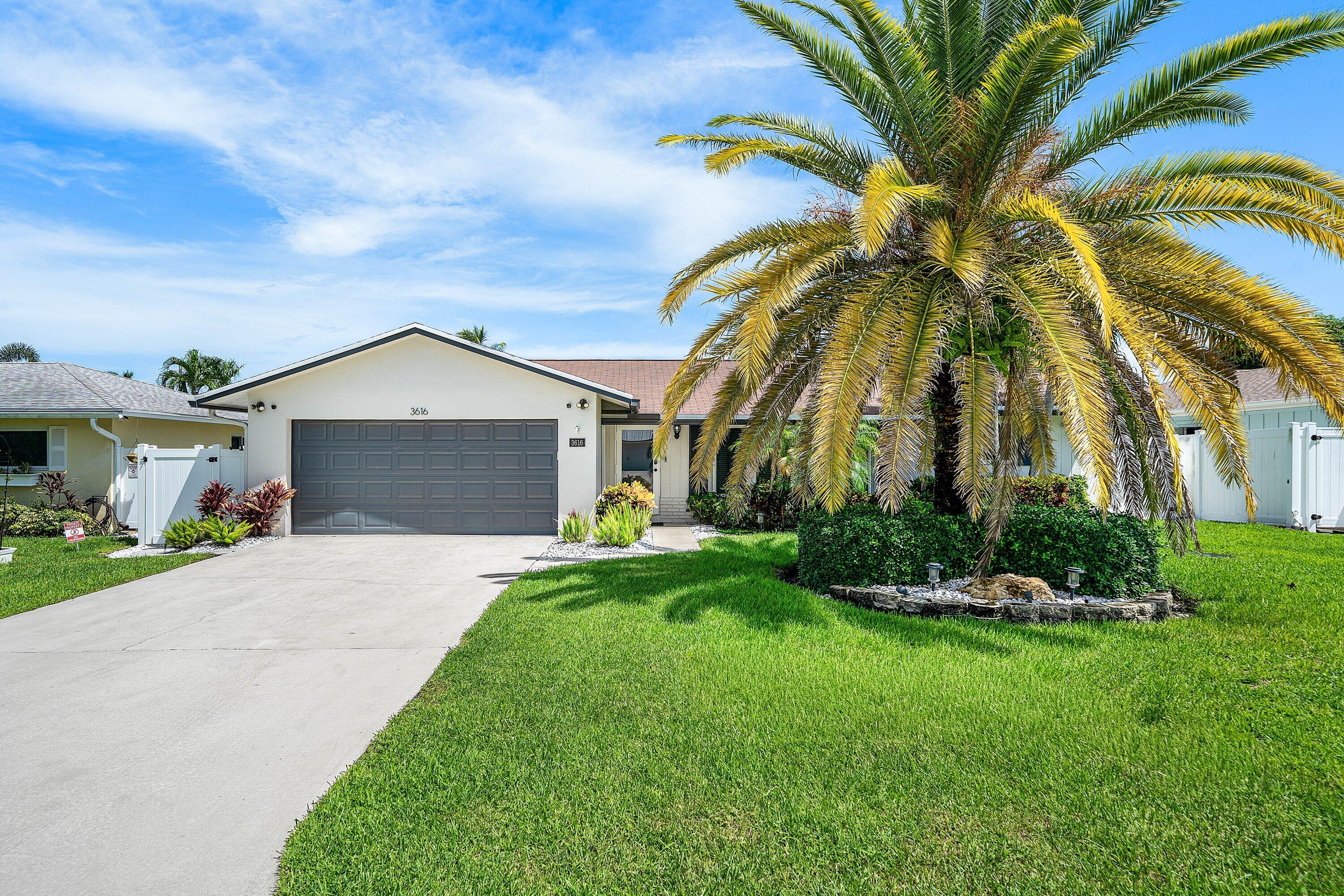 Single-story home with a dark double garage door and a large palm tree in the front yard.