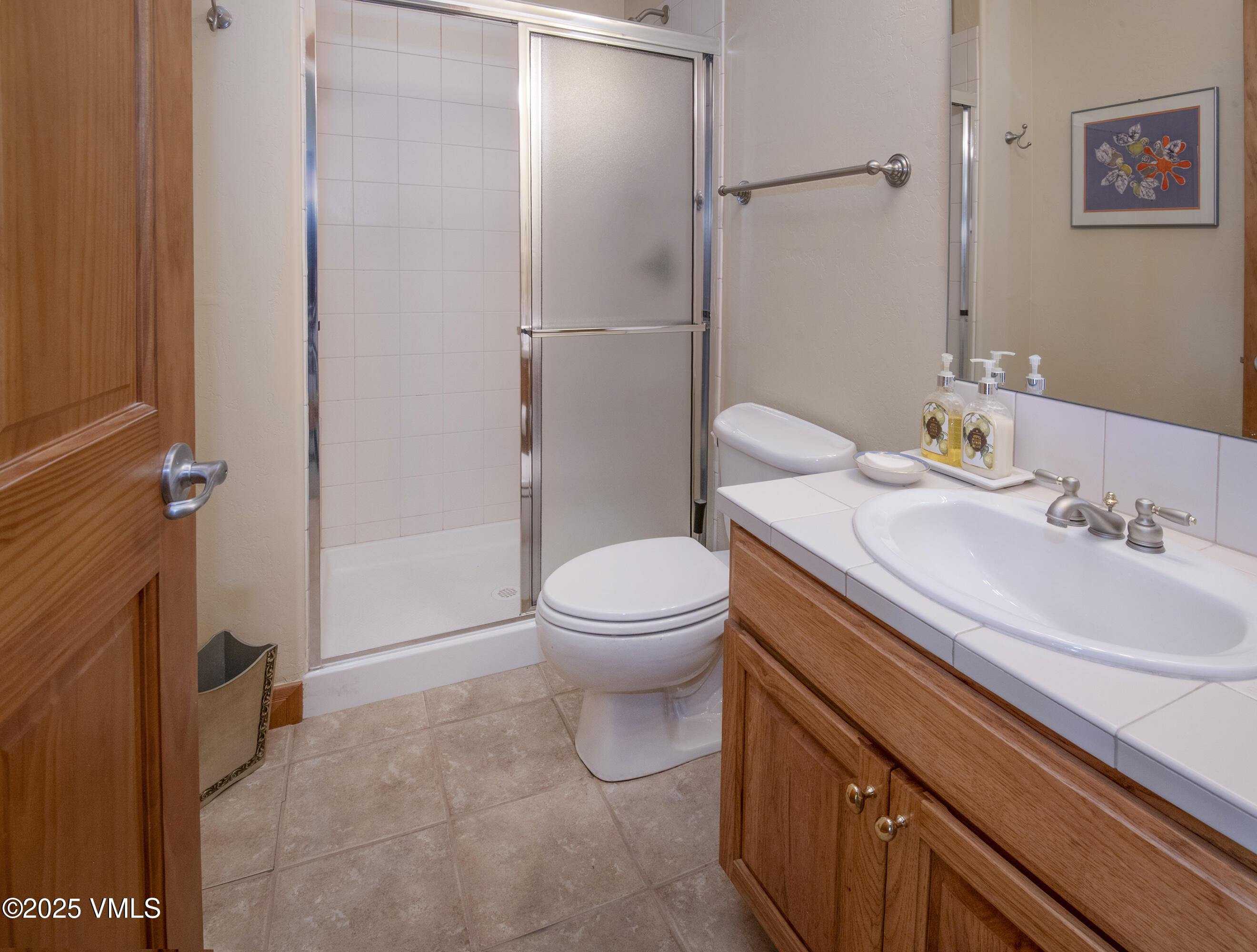 Bathroom with a frosted-glass shower, white toilet, and warm wood vanity.