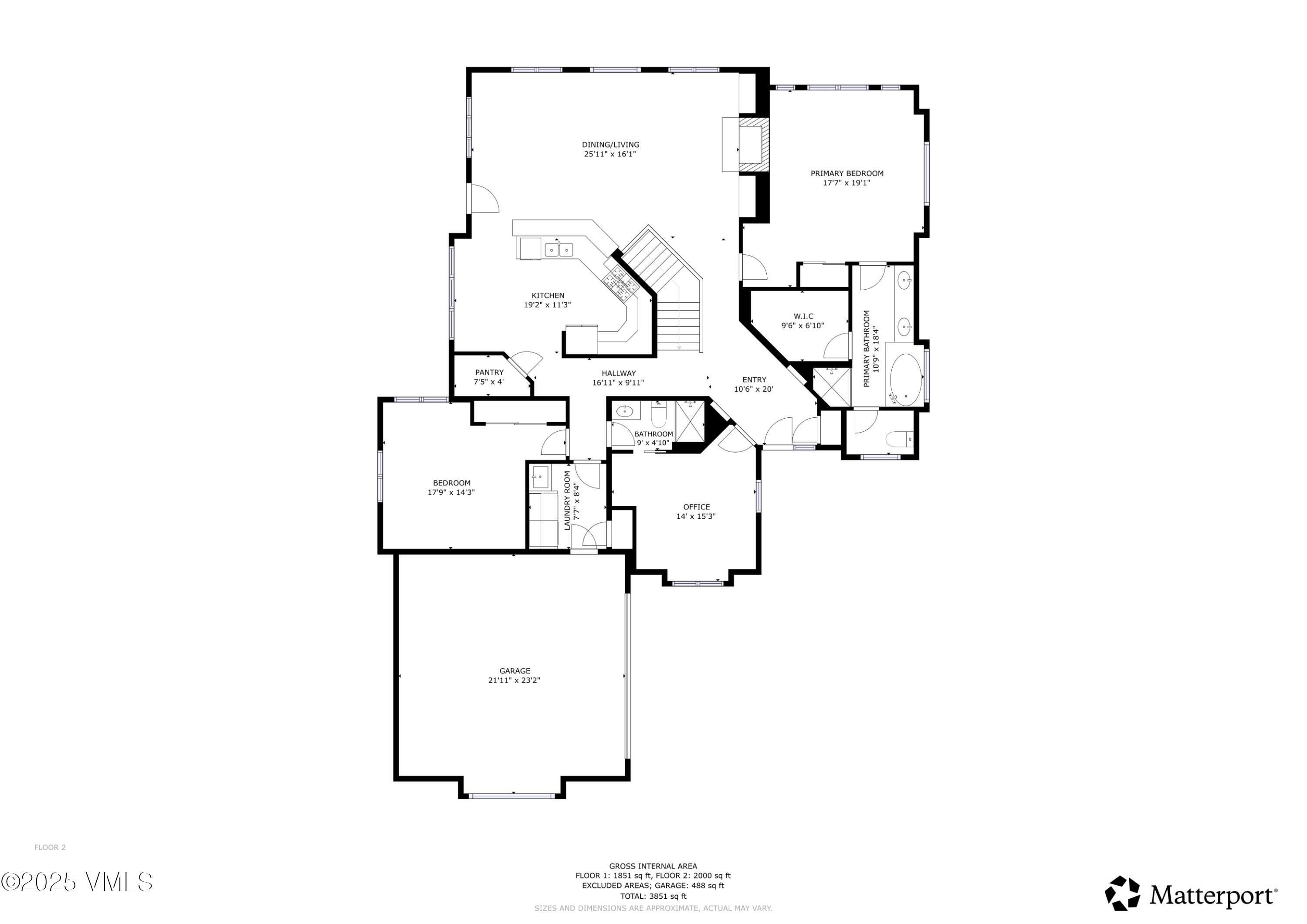 Second-floor home floor plan with labeled rooms, dimensions, garage, and gross internal area figures.