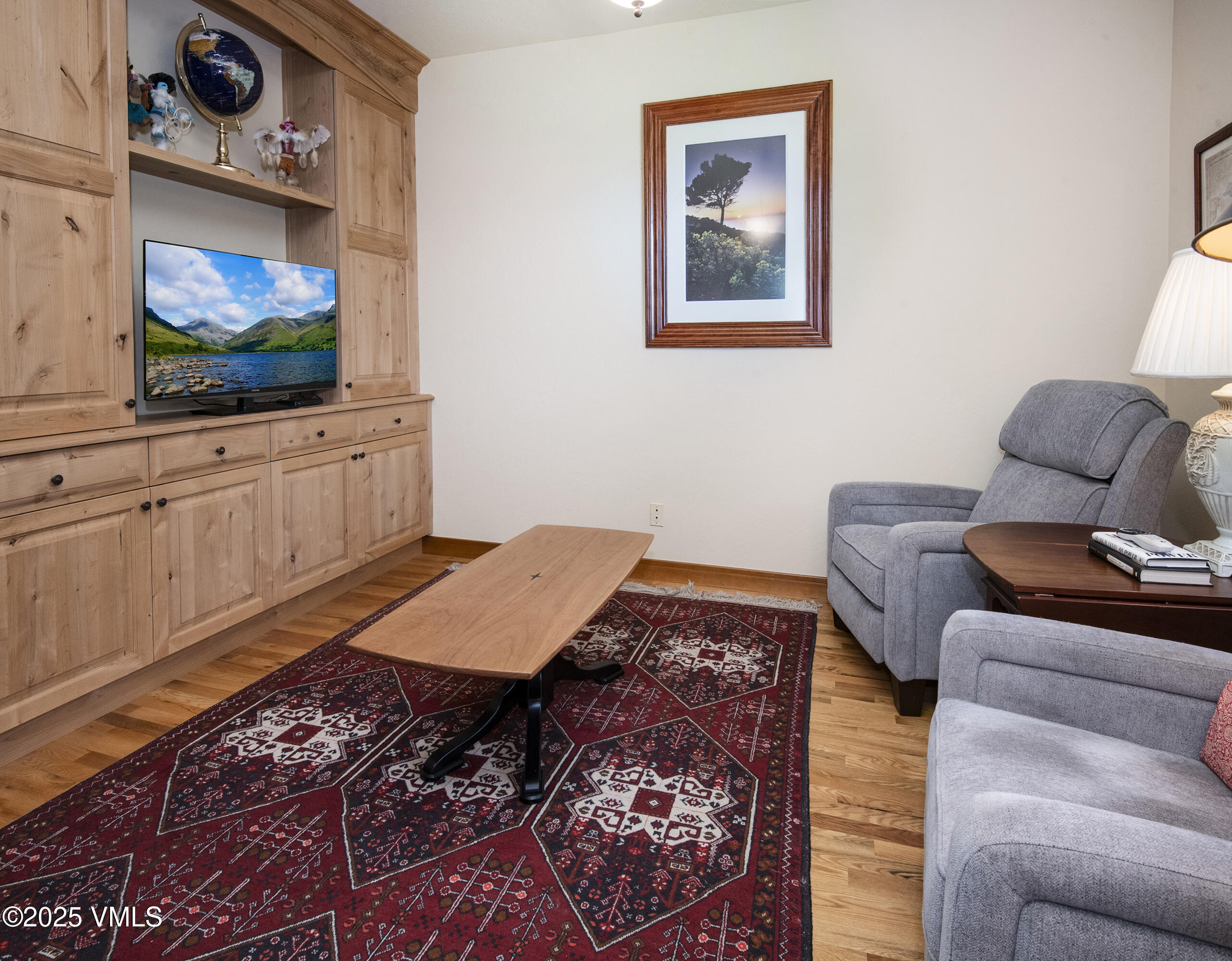 Furnished living room with built-in wood cabinetry, gray recliners, and a red patterned rug.