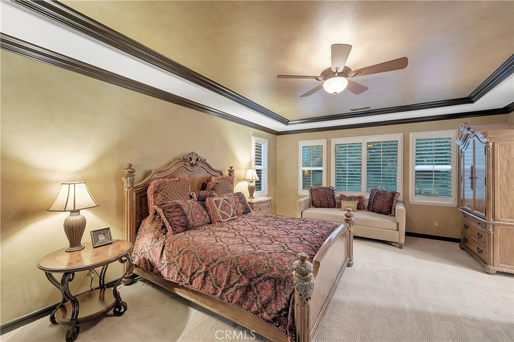 Primary bedroom with an ornate carved bed, cream loveseat, shuttered windows, and tray ceiling.