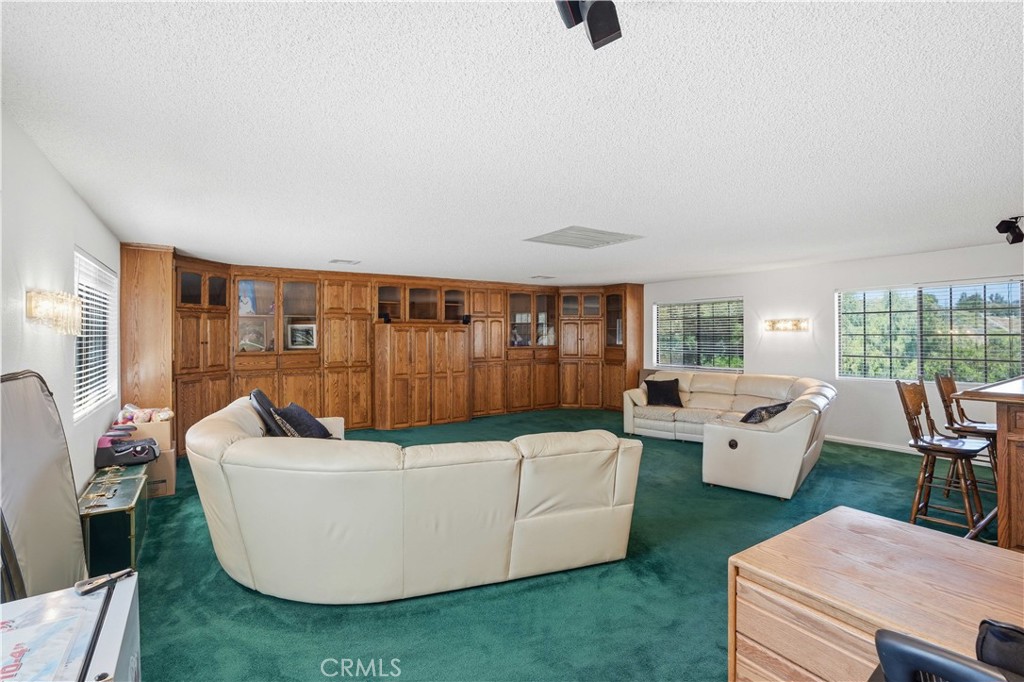 Living room with a curved white sectional, teal carpet, and extensive wood built-in cabinets.