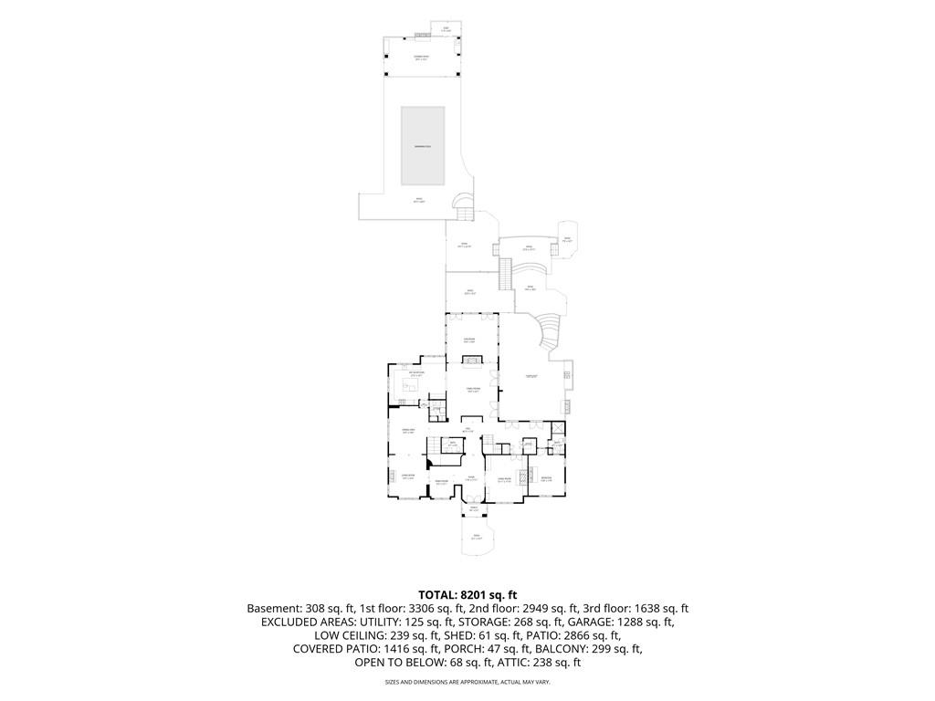 Multi-level home floor plan with a pool and a summary of areas totaling 8,201 square feet.