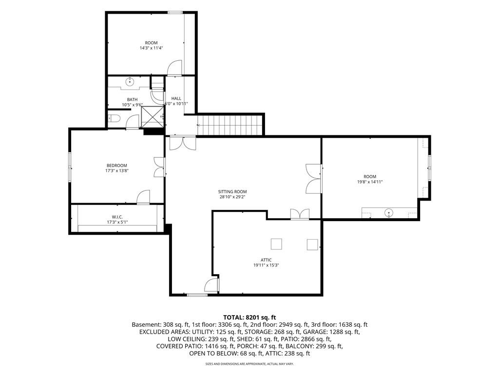 Floor plan showing a bedroom, bath, sitting room, attic, and room dimensions.