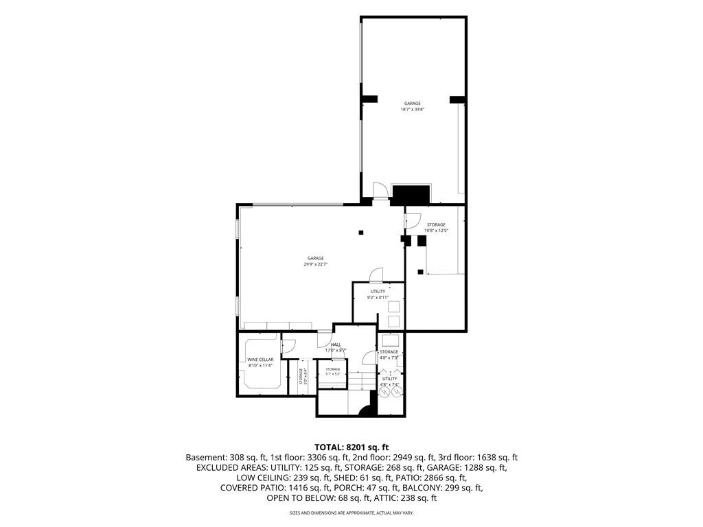 Floor plan showing garages, a wine cellar, storage, and utility rooms.