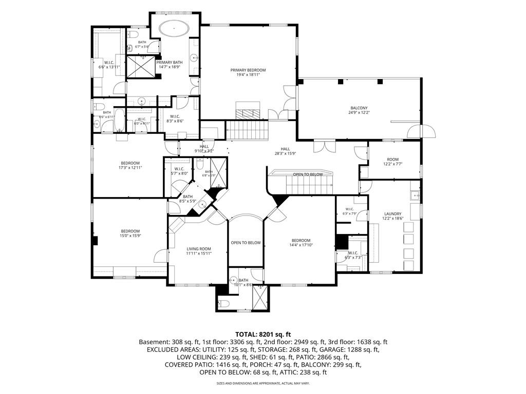 Upper-level floor plan with a primary suite, several bedrooms, balcony, laundry, and open-to-below areas.