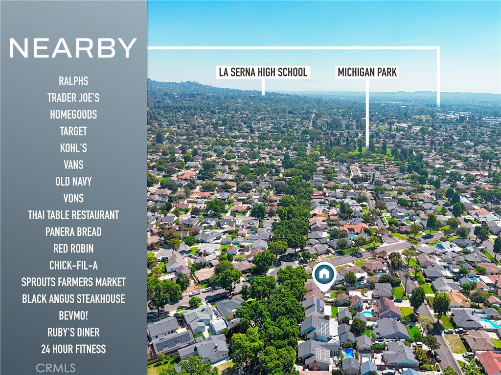 Nearby amenities infographic showing La Serna High School, Michigan Park, and local shops and restaurants.