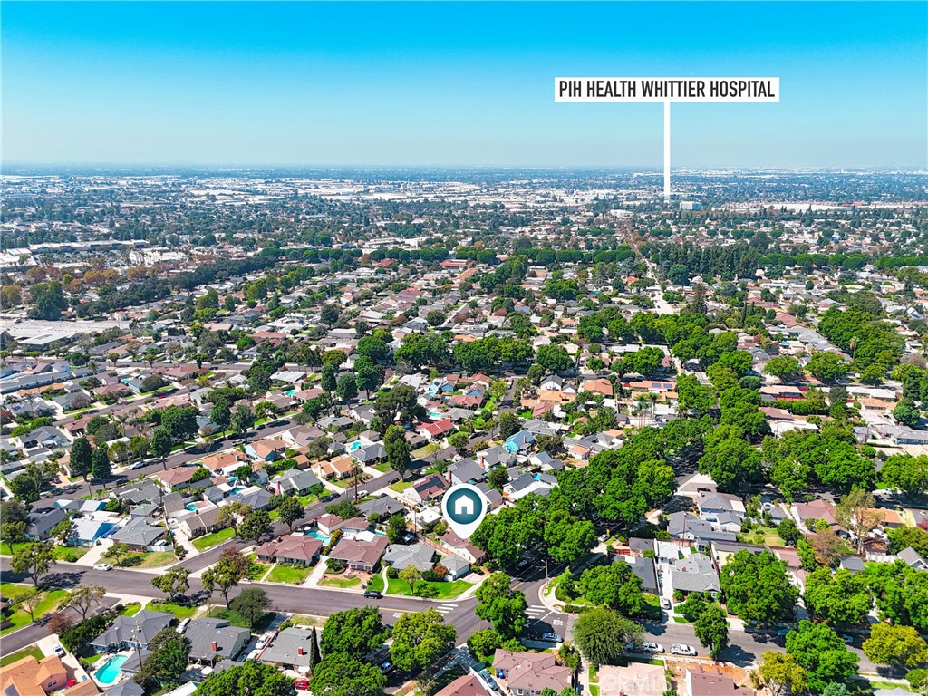 Aerial view of the home’s Whittier neighborhood, with PIH Health Whittier Hospital marked in the distance.
