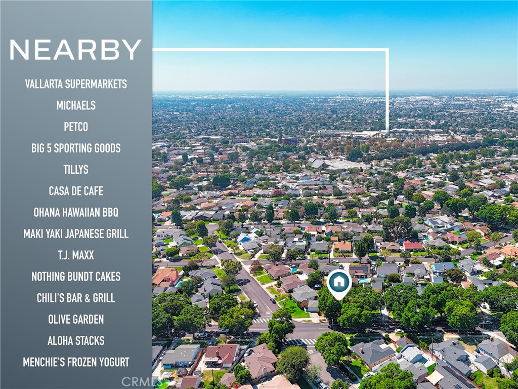 Aerial neighborhood map highlighting nearby shopping, restaurants, and other businesses.