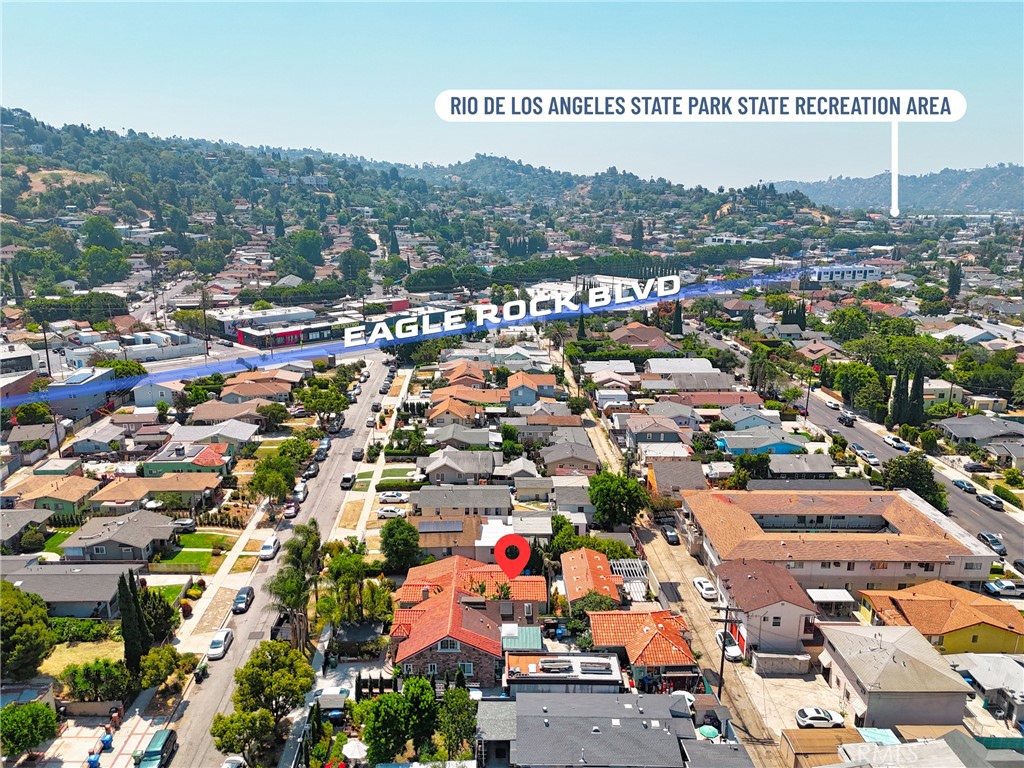 Aerial view of a marked Eagle Rock home, with boulevard and park labels.