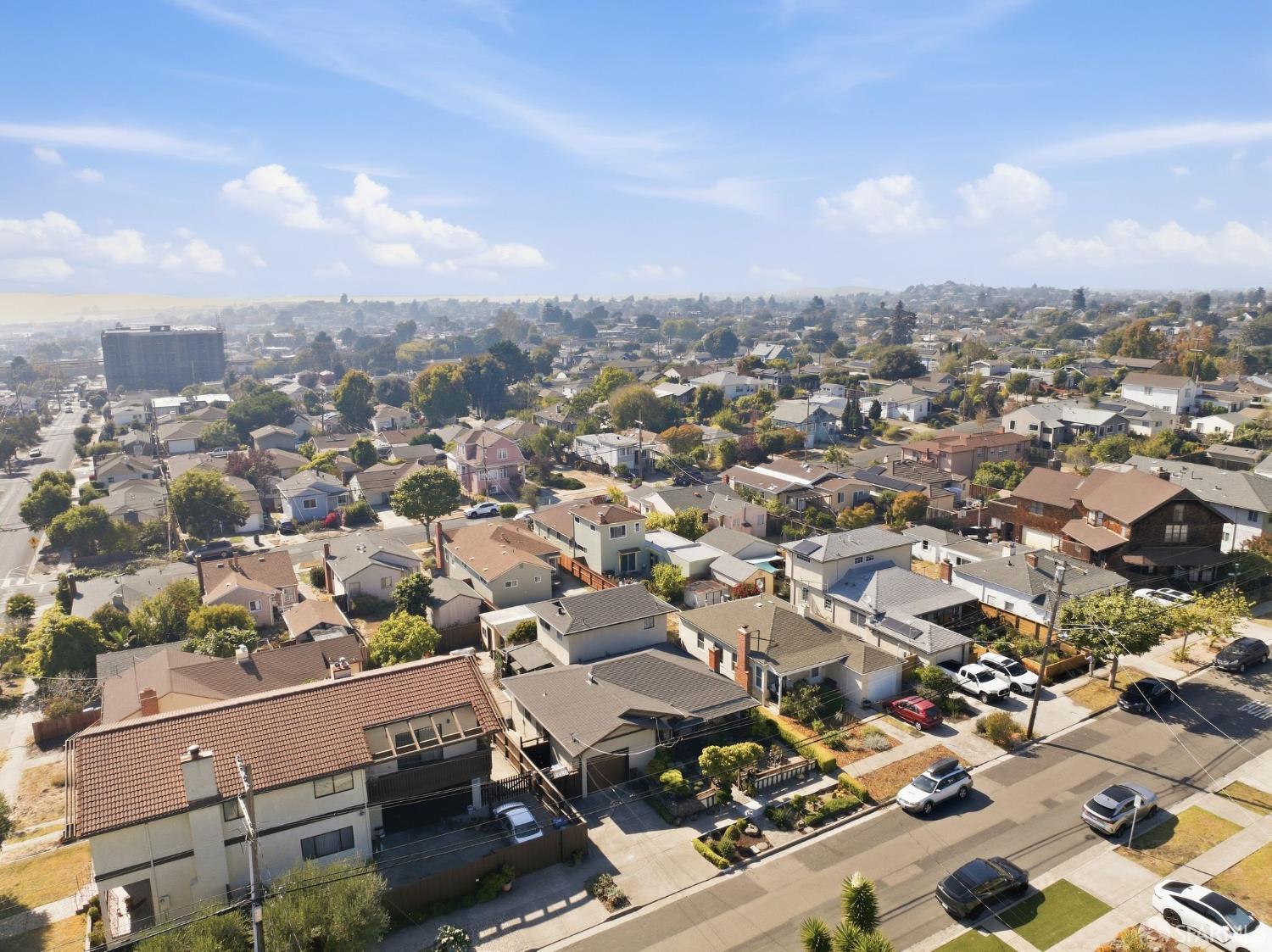 Aerial view of a residential neighborhood, with homes and tree-lined streets stretching toward the horizon.