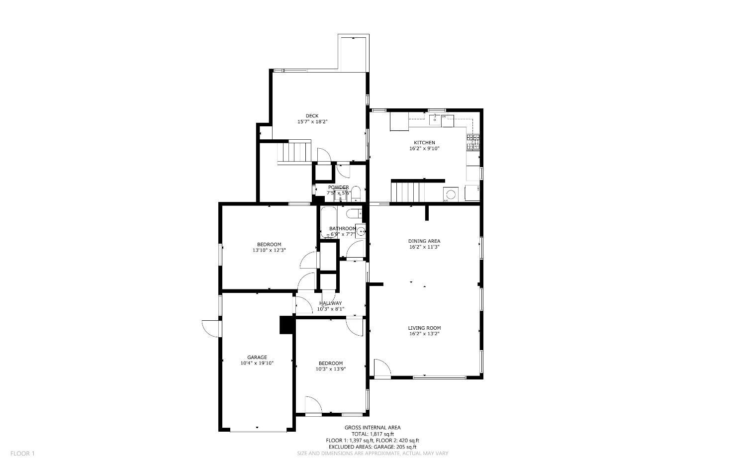 Floor plan showing two bedrooms, living and dining areas, kitchen, deck, and garage.
