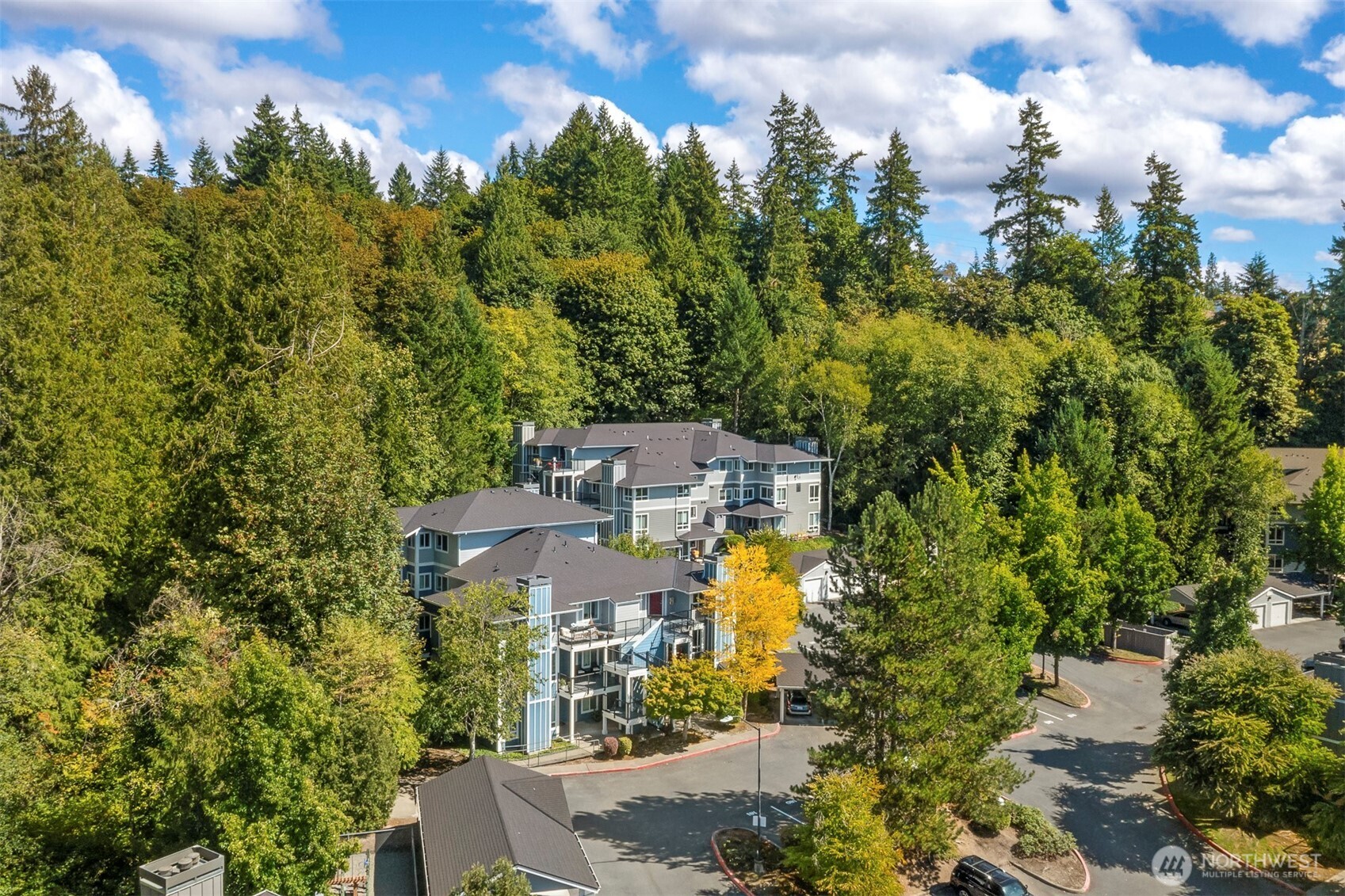 Aerial view of a gray multi-unit residential complex surrounded by dense trees and parking areas.