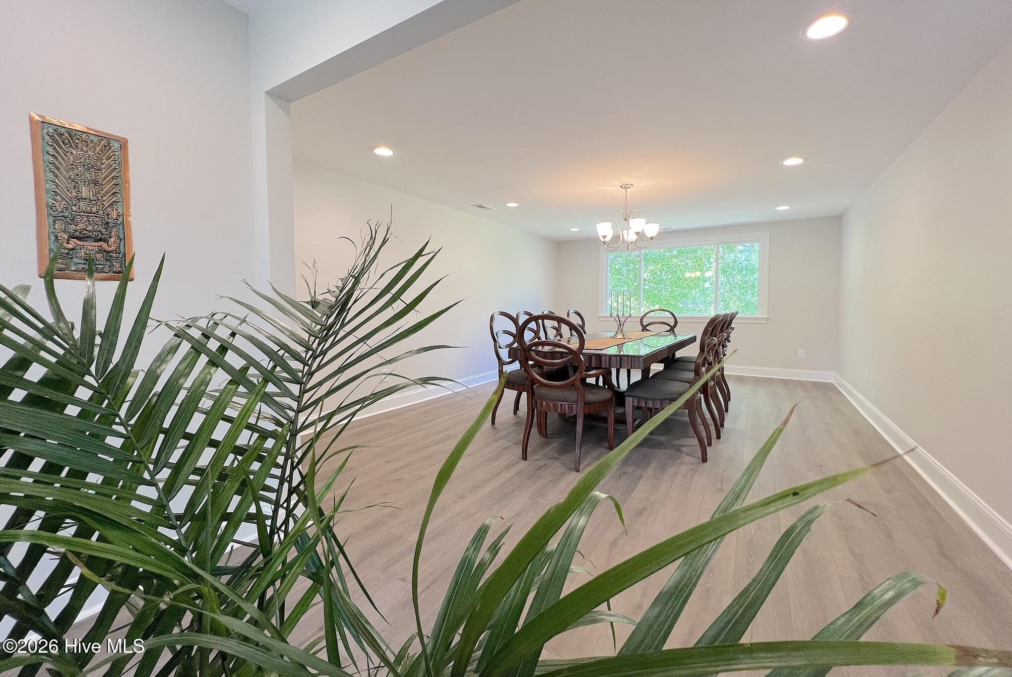 Dining room with a dark wood table, chandelier, large window, and leafy plants in the foreground.