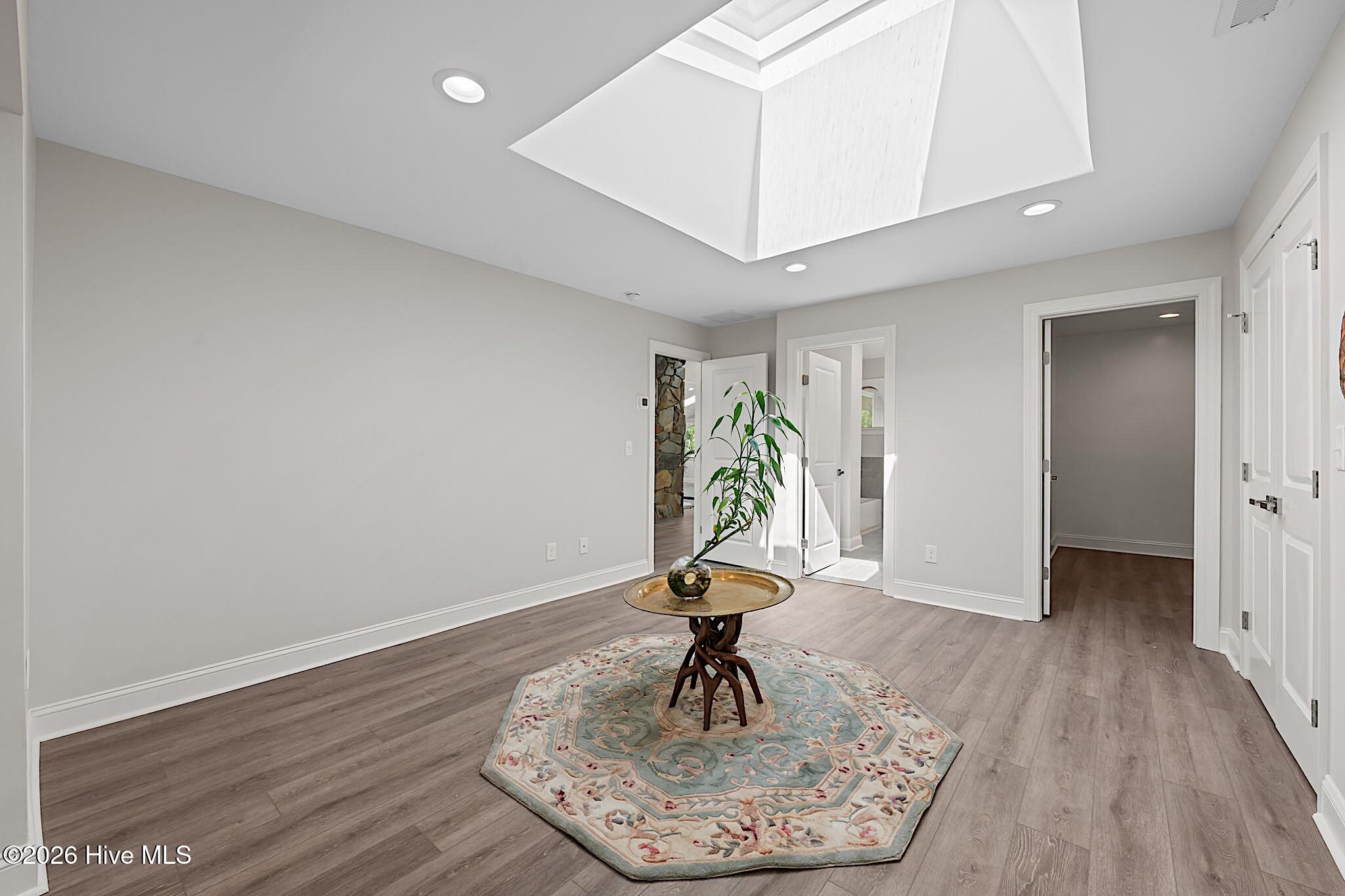 Bright entry hall with a tray ceiling, patterned rug, and round table with a plant.