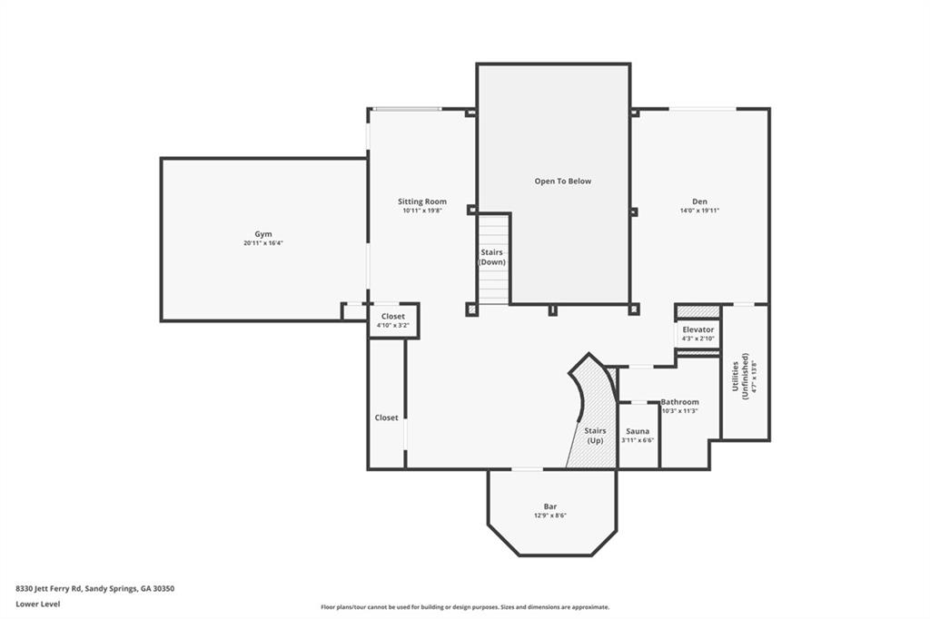 Lower-level floor plan with gym, sitting room, den, sauna, elevator, and bar.
