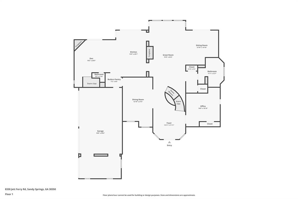 First-floor plan of 8330 Jett Ferry Road with labeled rooms, garage, foyer, and stairs.